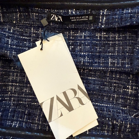 New! Zara Off The Shoulder Square Neckline Top Blue Black Tweed 31940 - Picture 9 of 13